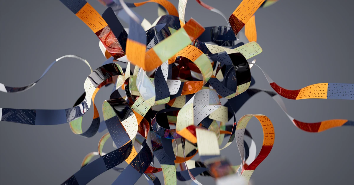 Colorful 3D illustration of tangled ribbons representing the internal workings of a large language model